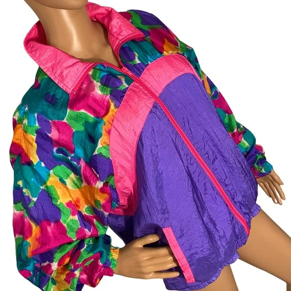 VINTAGE BLAIR BOUTIQUE NEON WATERCOLOR WINDBREAKER SZ L - Picture 3 of 16